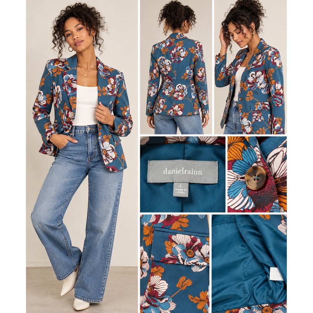 Daniel Rainn Floral Blazer Womens Large Teal Blue Excellent Single Button D3049R